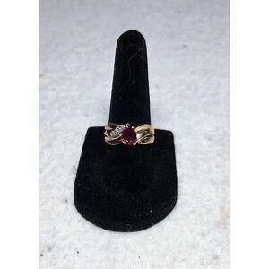 14K Yellow Gold Ruby & Diamond Accent Bypass Ring Size 7 Vintage Fine Jewelry
